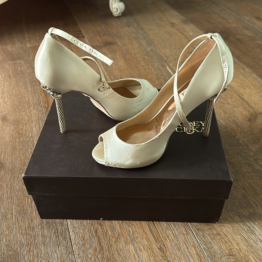 Satin peep toe heels with crystals